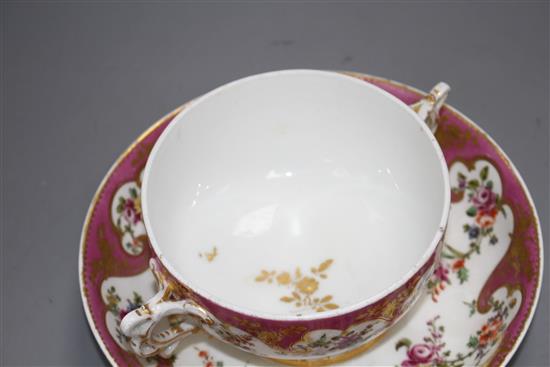A Chelsea gold anchor Sevres style ecuelle, cover and stand, c.1765, 18cm